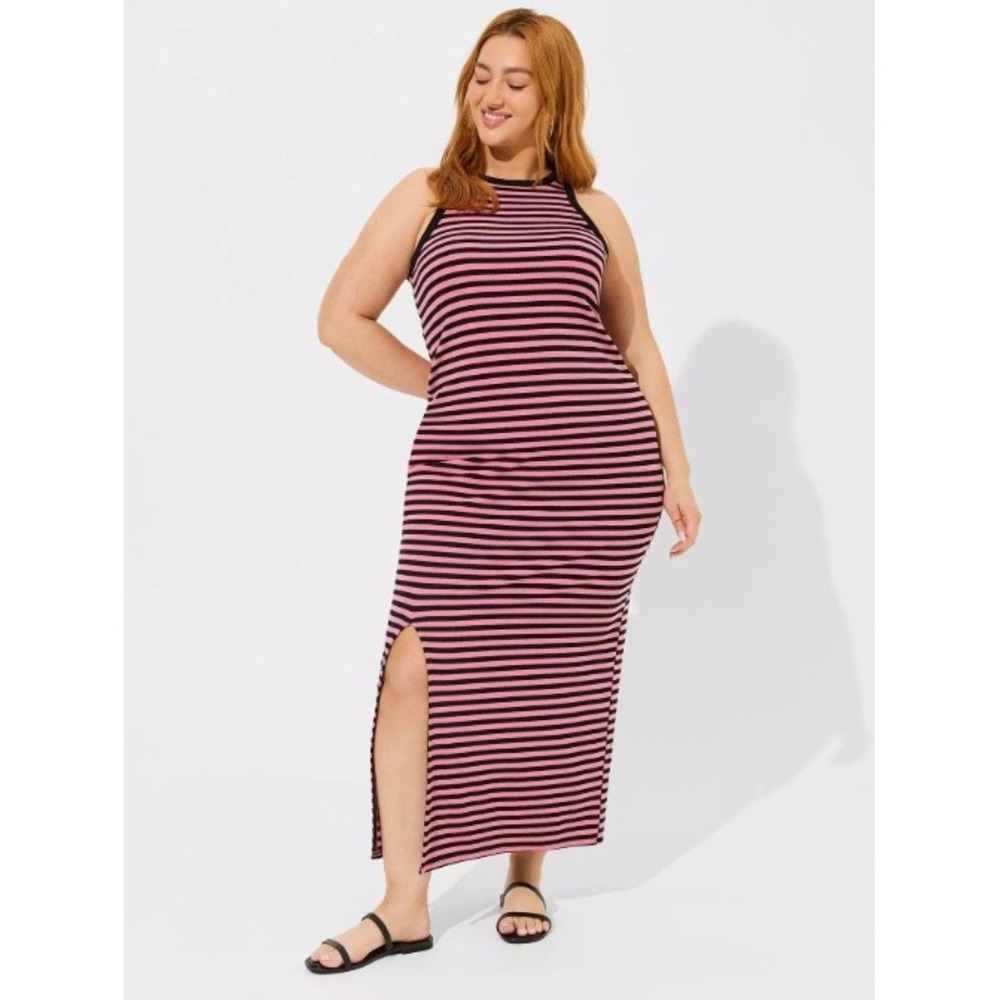 Torrid 2X Maxi Rib Bodycon Slip‎ Dress Pink Black Striped Ribbed
